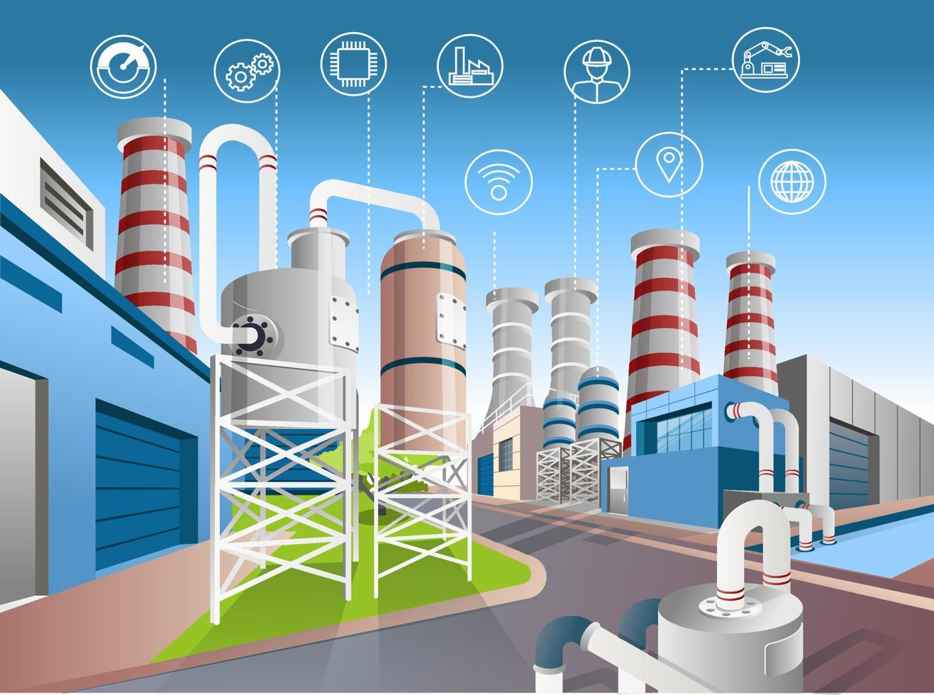 ilustración vectorial isométrica plana, fábrica con iot power vector