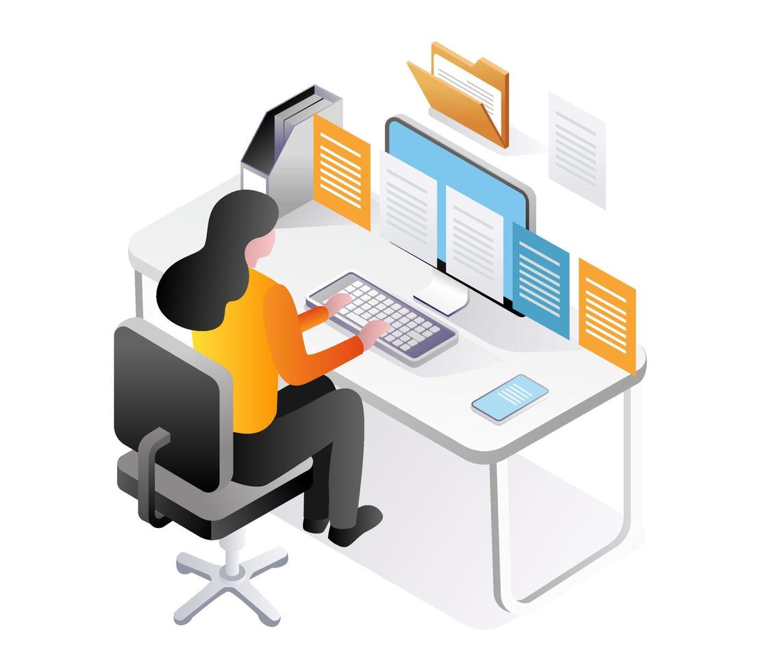 Women use a lot of information data on computers vector