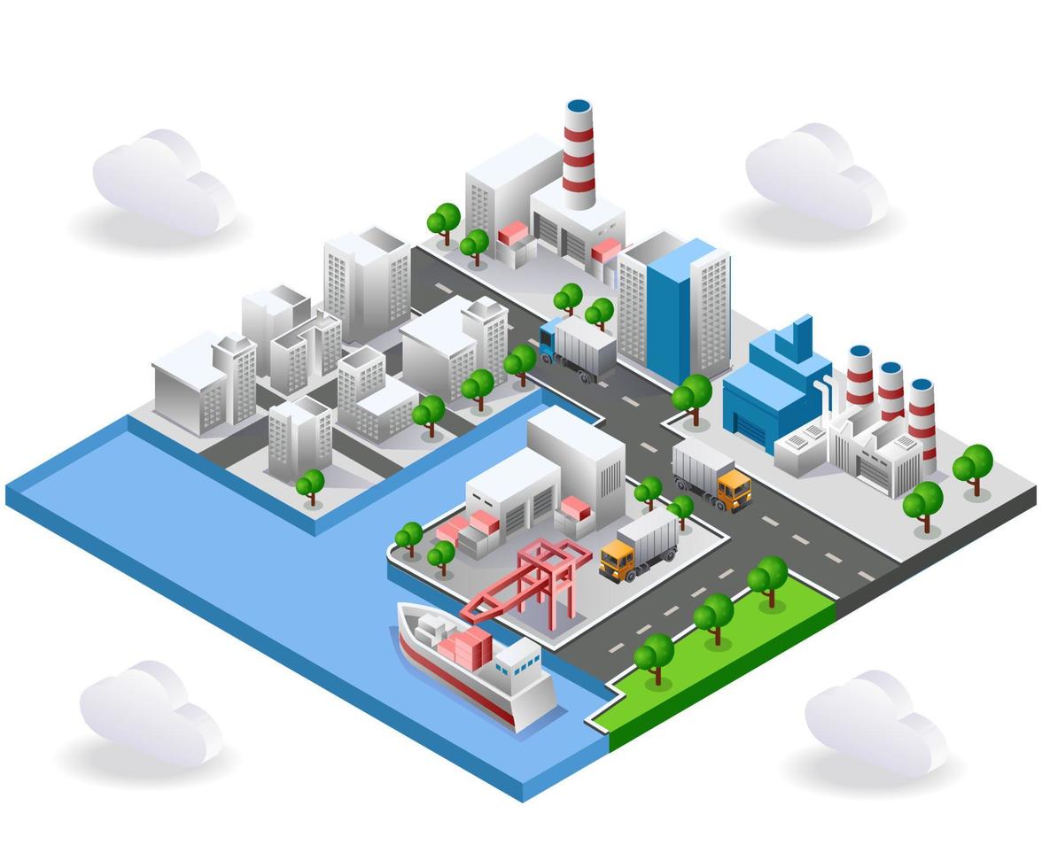 View of factories and buildings on city street vector