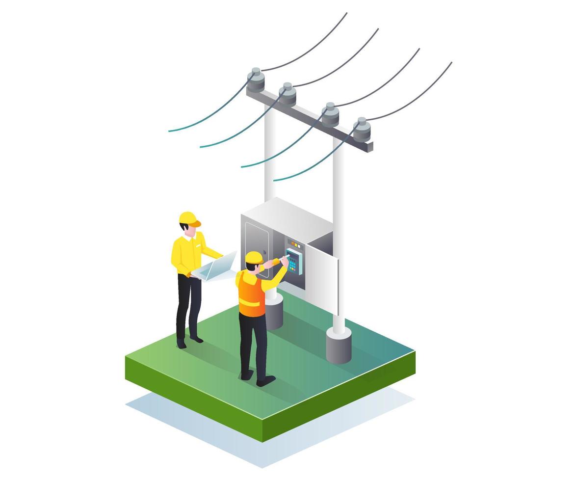 técnico eléctrico está reparando en ilustración isométrica vector