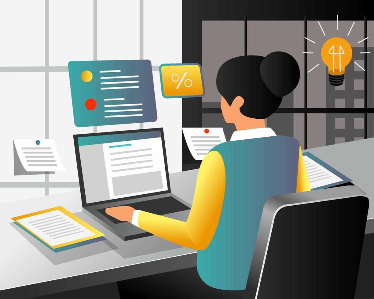 Girl working in office with laptop with some tasks vector