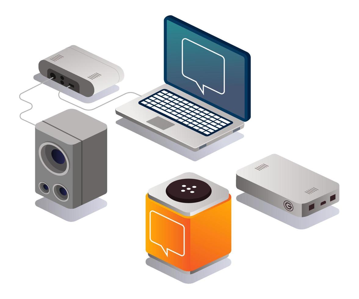 Laptop and active speakers in isometric design vector