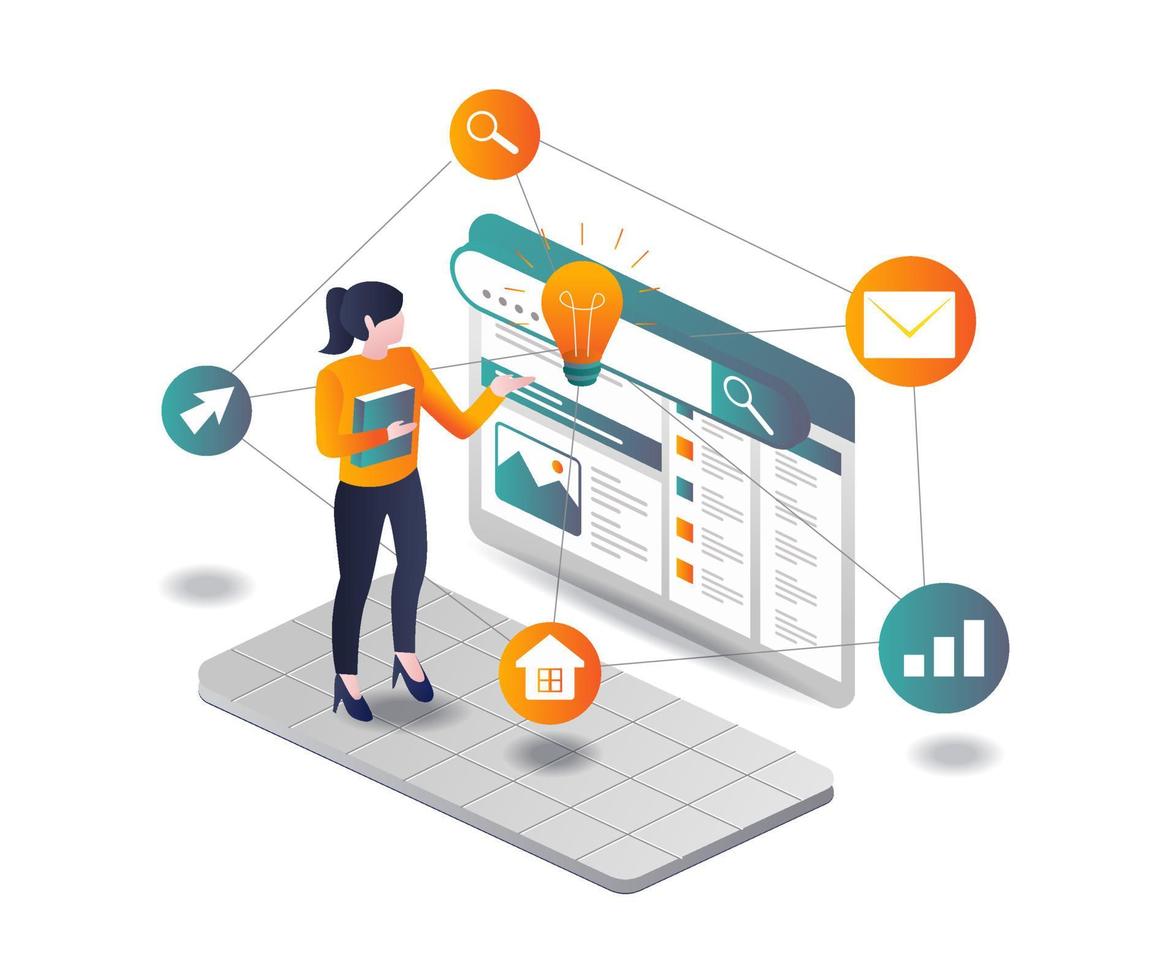 Girl with ideas on screen in isometric design vector