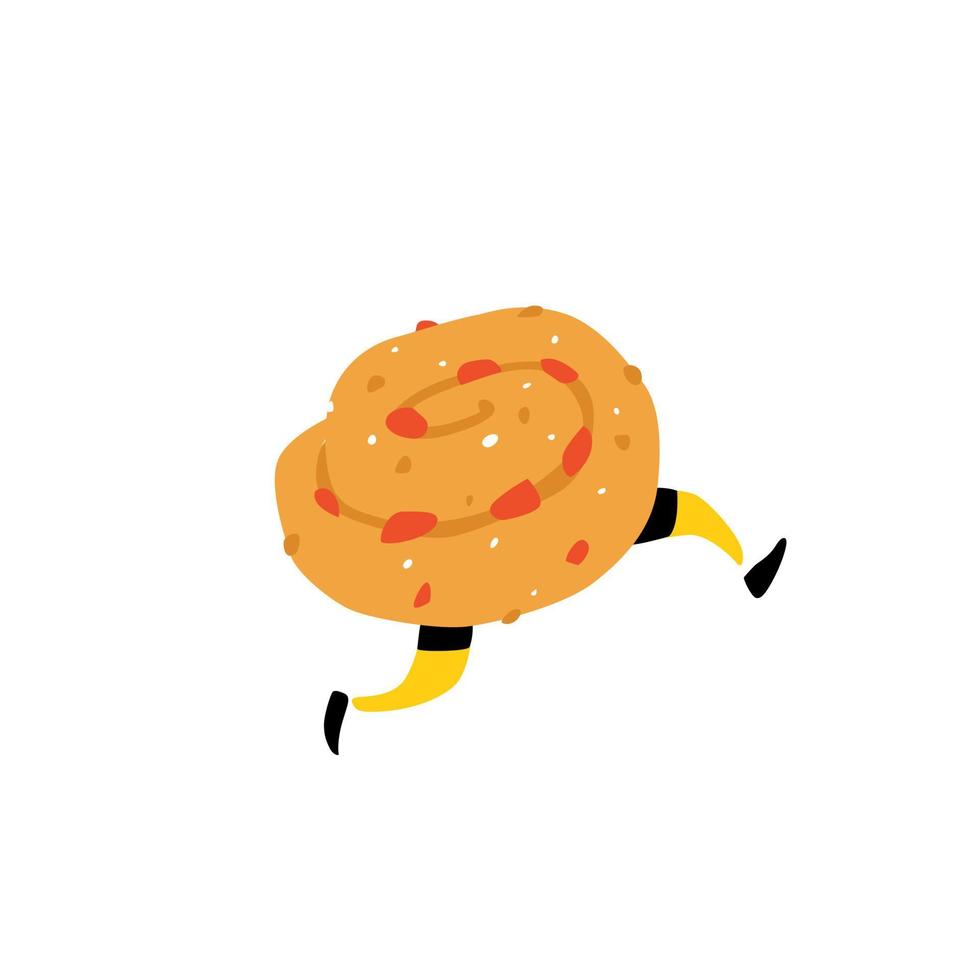 Illustration of a tasty bun with raisins. Vector. Sweet character with legs. Icon for site on white background. Sign, logo for the store. Delivery of fresh bakery and confectionery. Flat style. vector