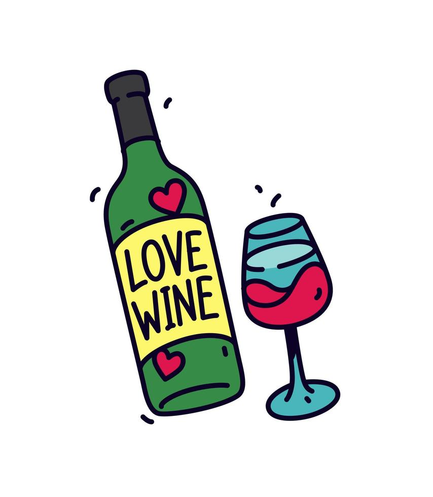 Illustration of a bottle of wine and a glass. Sticker or badge for wine lovers. The inscription on the bottle Love wine. Logo for the store alcoholic beverages. vector