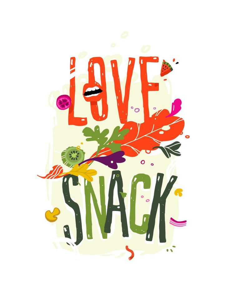 Illustration with the inscription love snack. Vector. Pattern of eco products. Image for a smoothie bar menu or a vegetarian cafe. Flat style, all elements are isolated. vector