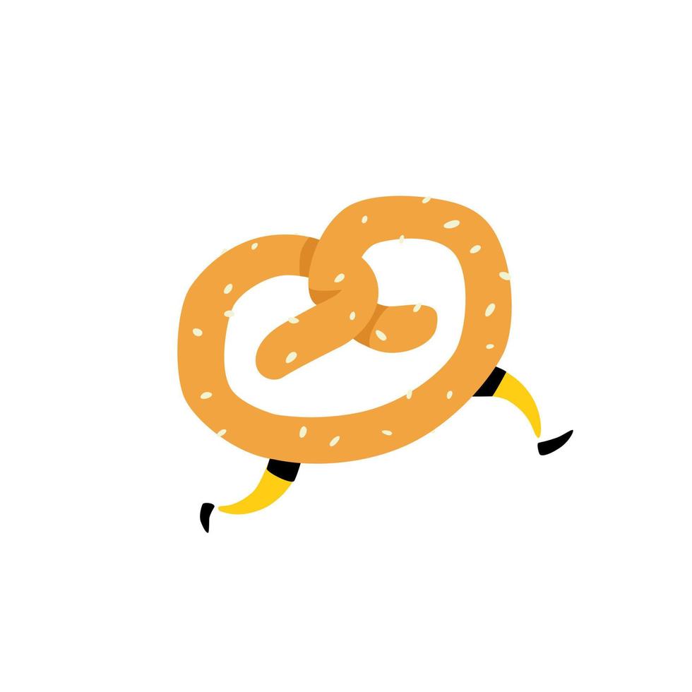 Illustration of a running bagel. Running pretzels. Vector. Crunchy character with legs. Icon for the site. Sign, logo for the store. Delivery of fresh bakery products. Salty pretsel. vector