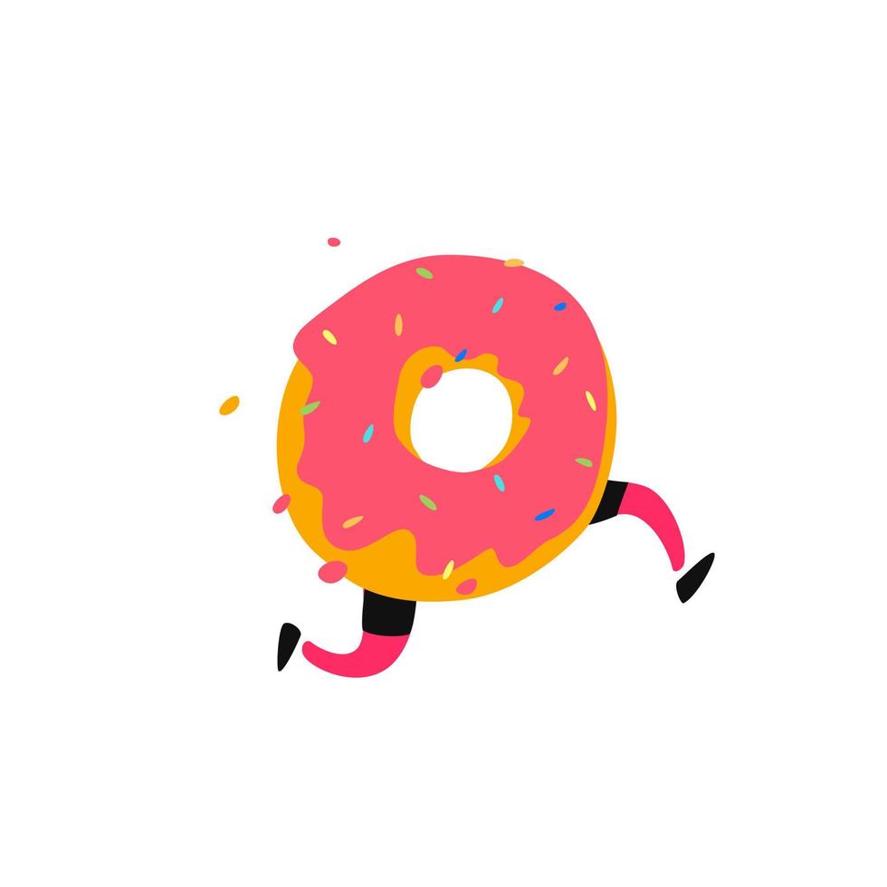 Illustration of a running donut. Vector. Sweet donut character with legs. Icon for site on white background. Sign, logo for the store. Delivery of fresh bakery and confectionery. Flat style. vector