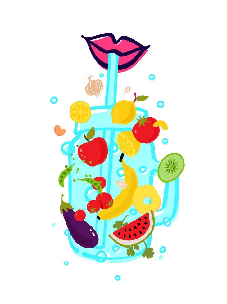 Ilustración de verduras y frutas en un vaso transparente para un batido con una pajita. vector. patrón de productos ecológicos. imagen para un menú de bar de batidos o un café vegetariano. vector