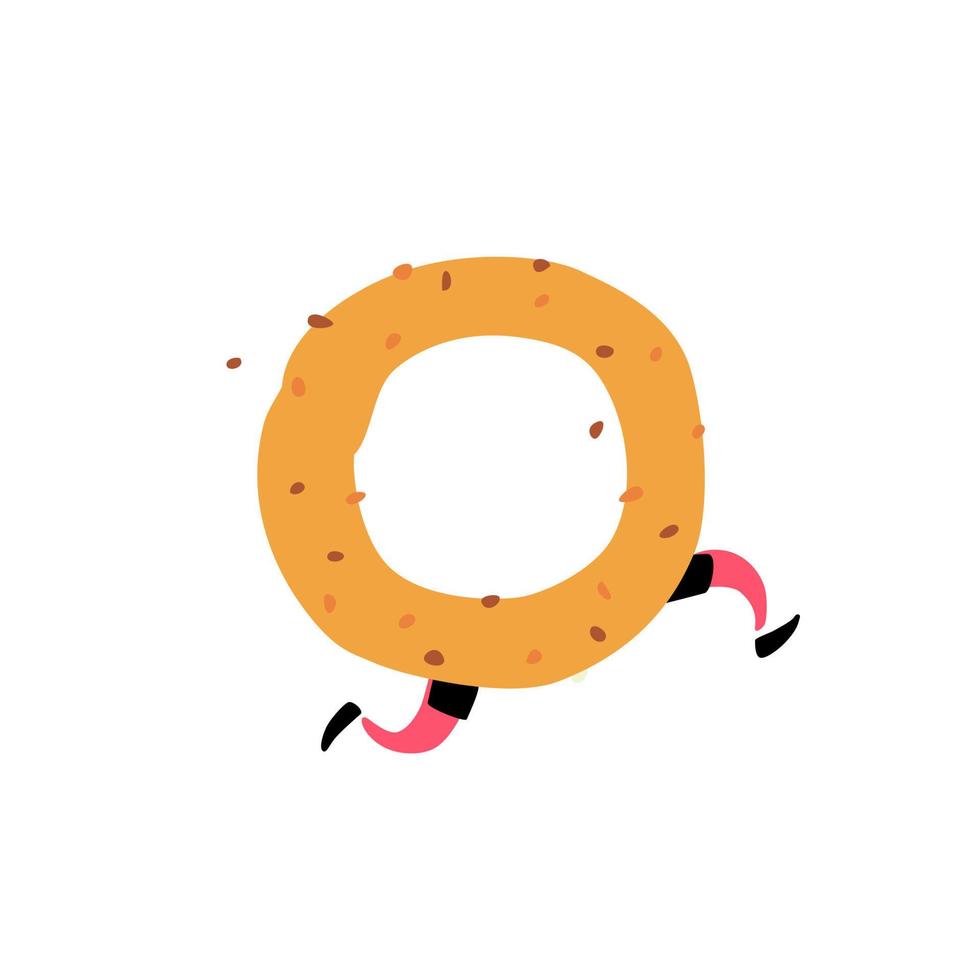 Ilustración de un sabroso bagel. vector. personaje con piernas. icono de sitio sobre fondo blanco. cartel, logo de la tienda. entrega de panaderia y reposteria fresca. estilo plano. vector