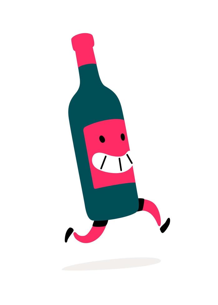 Ilustración de una botella de vino corriendo. vector. botella de carácter con vino o licor. icono de sitio sobre fondo blanco. cartel, logotipo de la tienda de productos alcohólicos. entrega de bebidas alcohólicas. vector