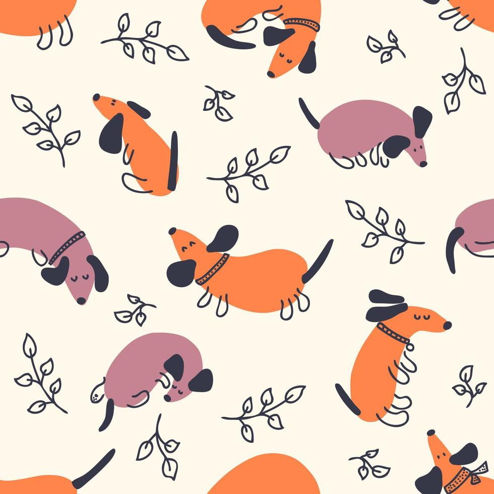 Doodle de patrones sin fisuras con perros salchicha y hojas. vector