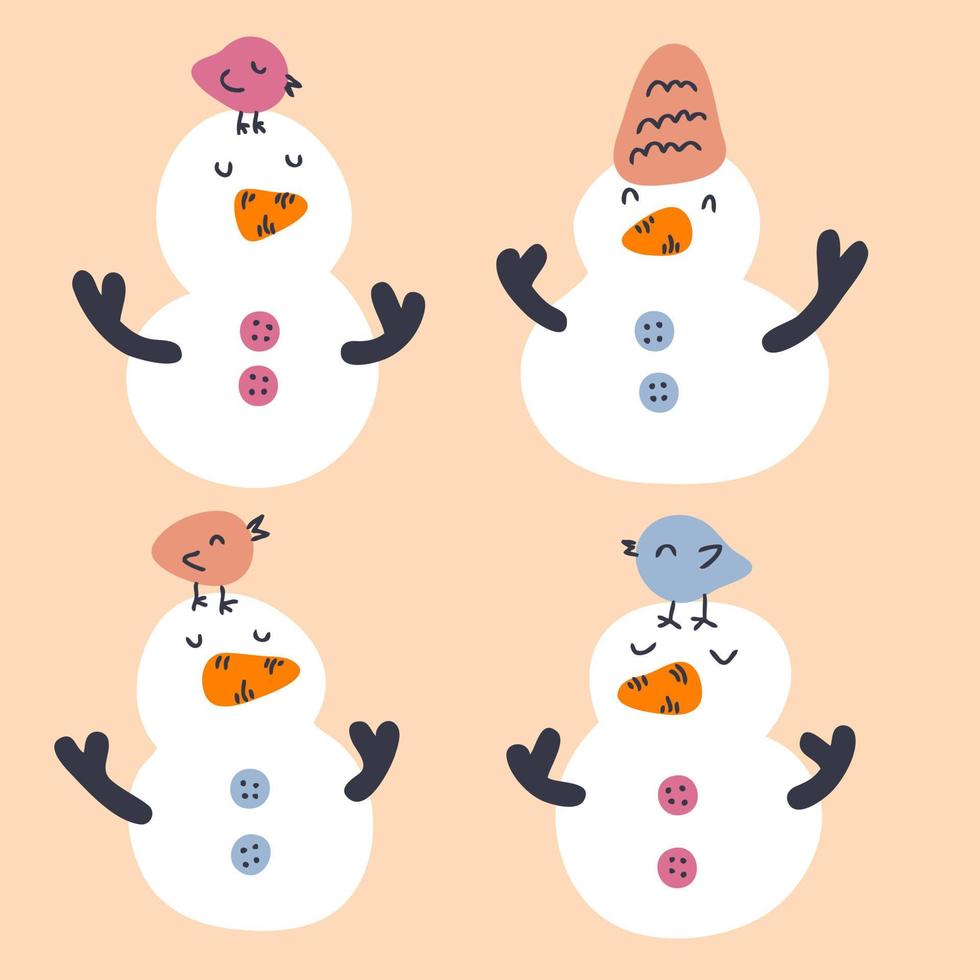 colección de invierno de muñecos de nieve y pájaros dibujados a mano. vector