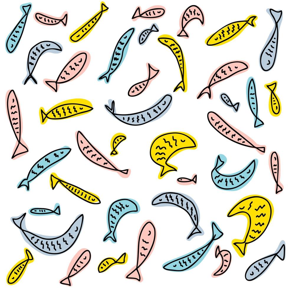 Conjunto de peces multicolores dibujados a mano. vector