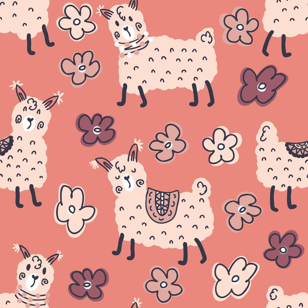 Doodle de patrones sin fisuras de lindas alpacas y flores. vector