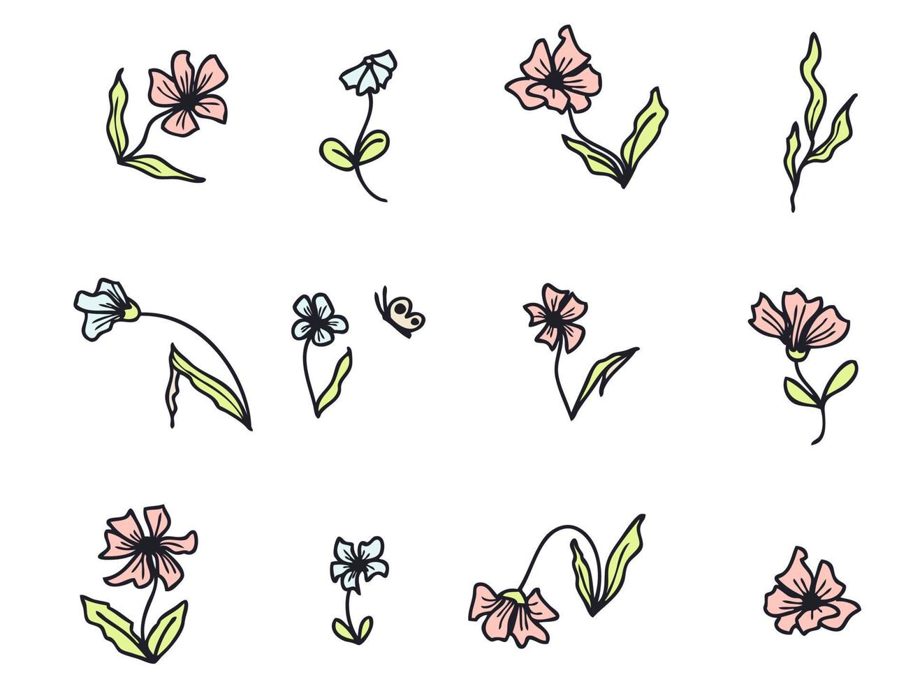 Doodle flowers and leaves vector collection.