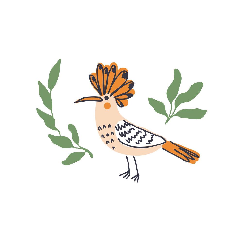 Hand drawn hoopoe bird with summer leaves. vector