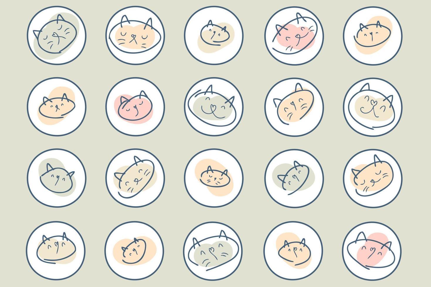 Doodle conjunto de iconos de resaltado de historia de gatito. vector