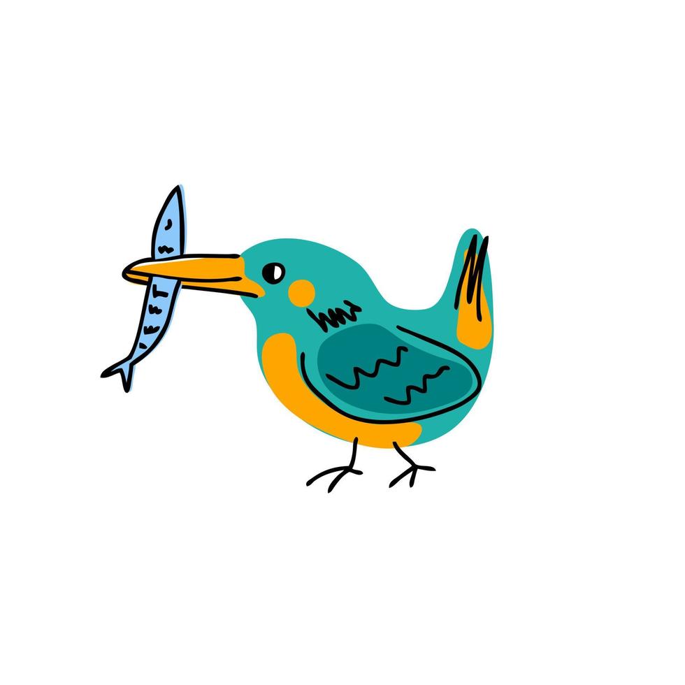 pájaro martín pescador con peces en pico doodle. perfecto para camisetas, pegatinas, textiles y estampados. Ilustración de vector dibujado a mano para decoración y diseño.