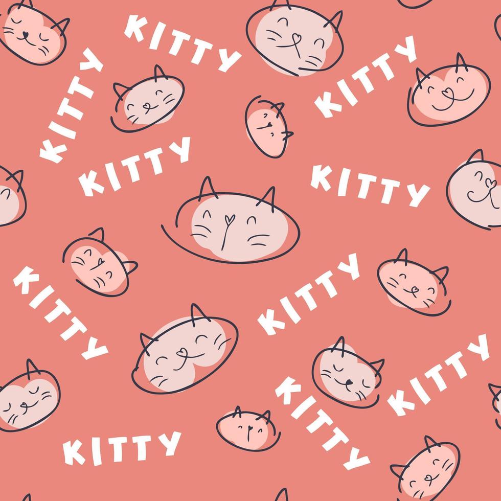 Doodle seamless pattern of cat faces and text KITTY. vector