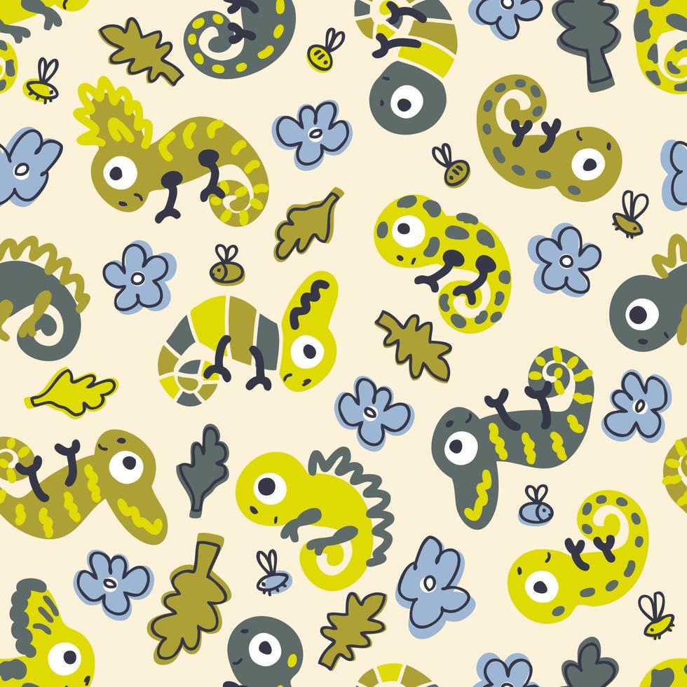 Hand drawn chameleons in exotic nature seamless pattern. vector