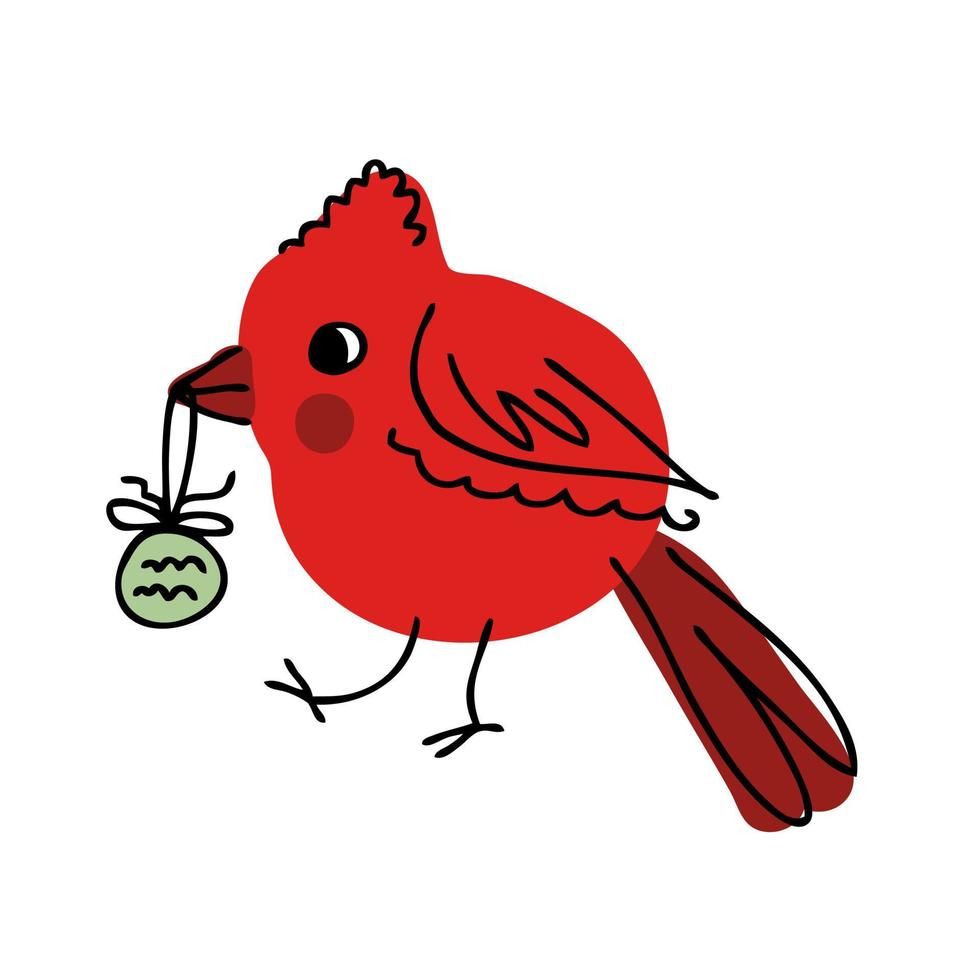 Hand drawn Northern cardinal bird with christmas toy in beak. vector