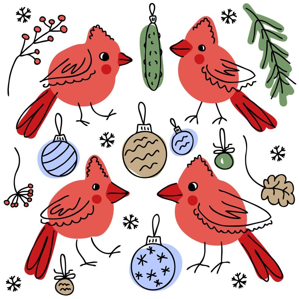 Northern cardinal birds and christmas elements doodle collection. vector