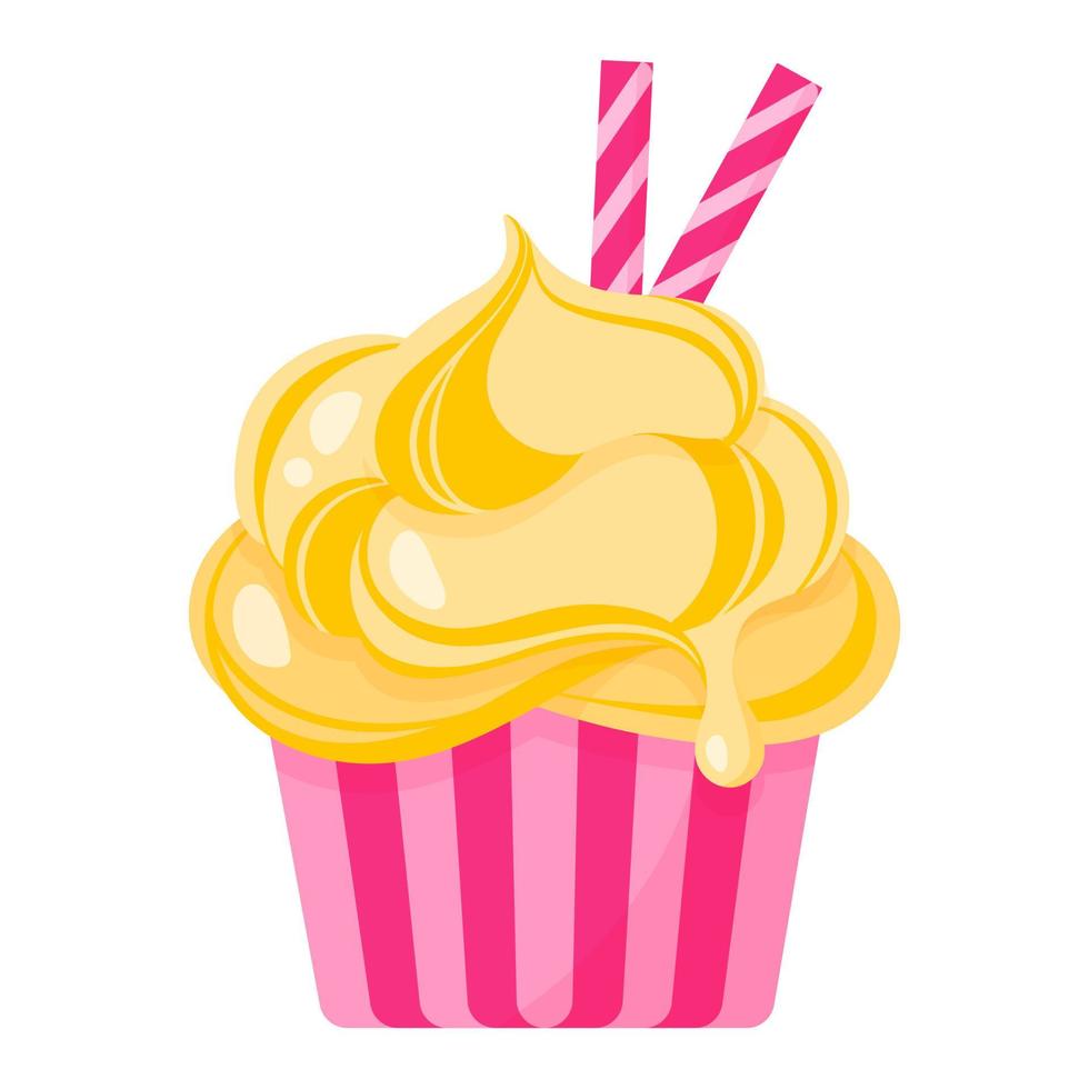 cupcake o muffin con crema amarilla y túbulos dulces. vector