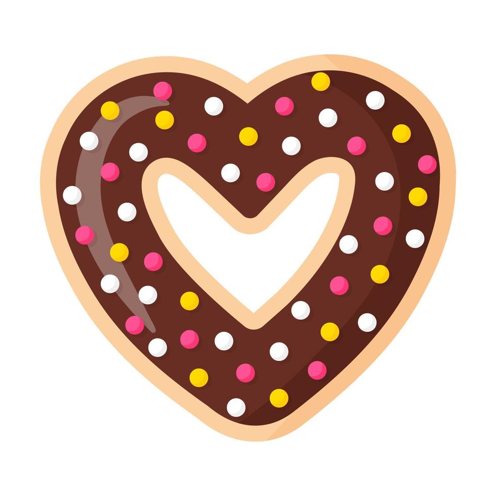 Valentine's Day heart shaped chocolate donut with icing and pastry topping. vector