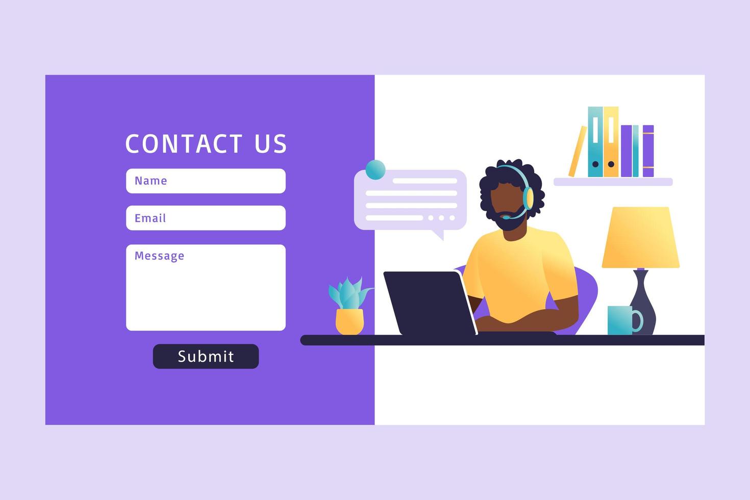 Contact Us Form Template for Web. African man Customer Service Agent with Headset Talking with Client. Landing Page. Online Customer Support . Vector Illustration.