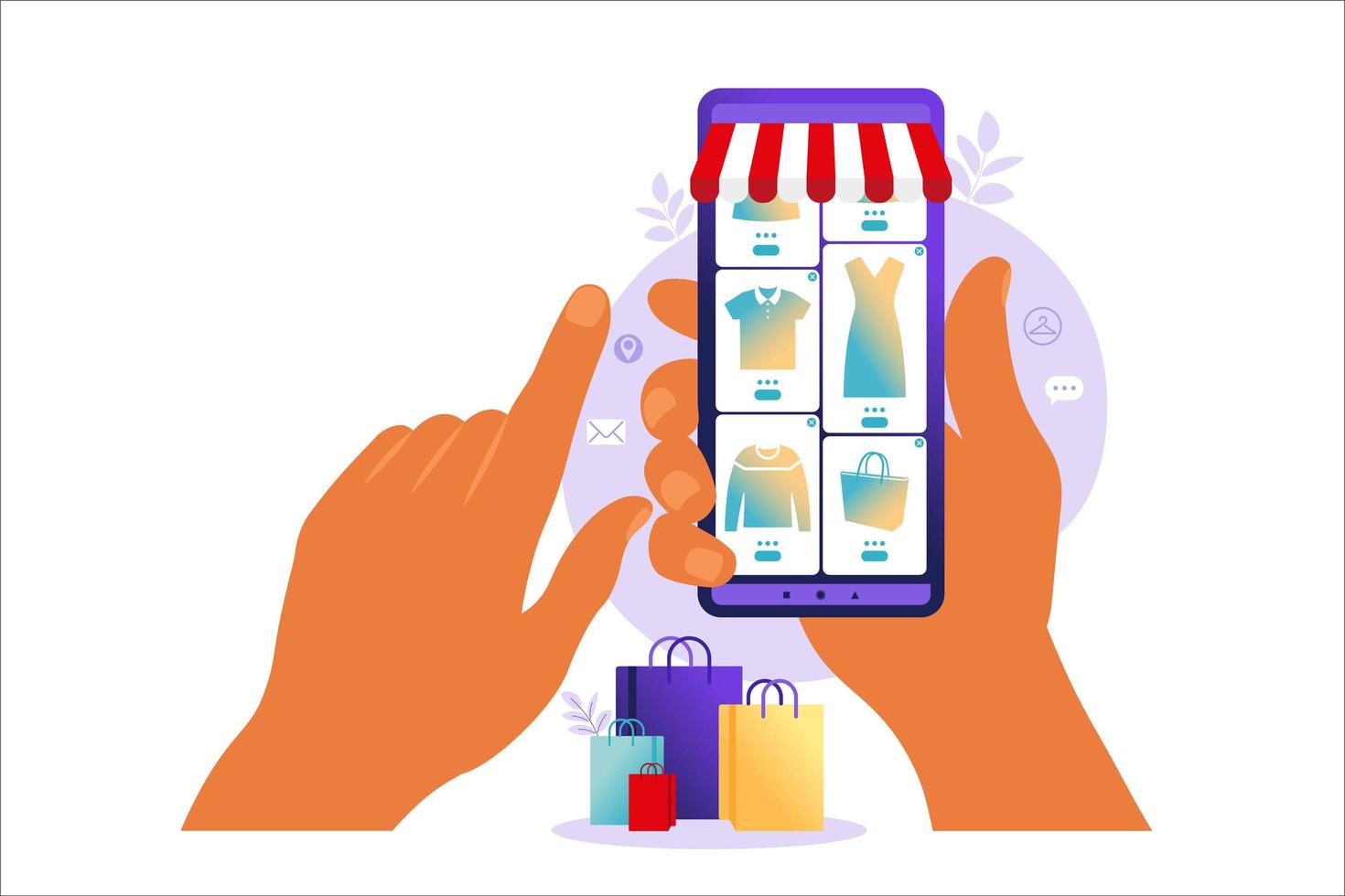 Shopping online on mobile phone. Online store payment. Bank credit cards, secure online payments and financial bill. Smartphone wallets, digital pay technology. Flat vector illustration.