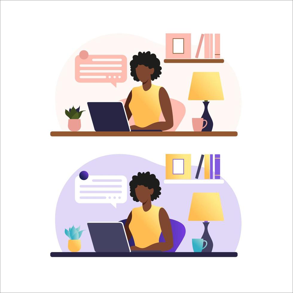 African american woman sitting at the table with laptop. Working on a computer. Freelance, online education or social media concept. Working from home, remote job. Flat style. Vector illustration.