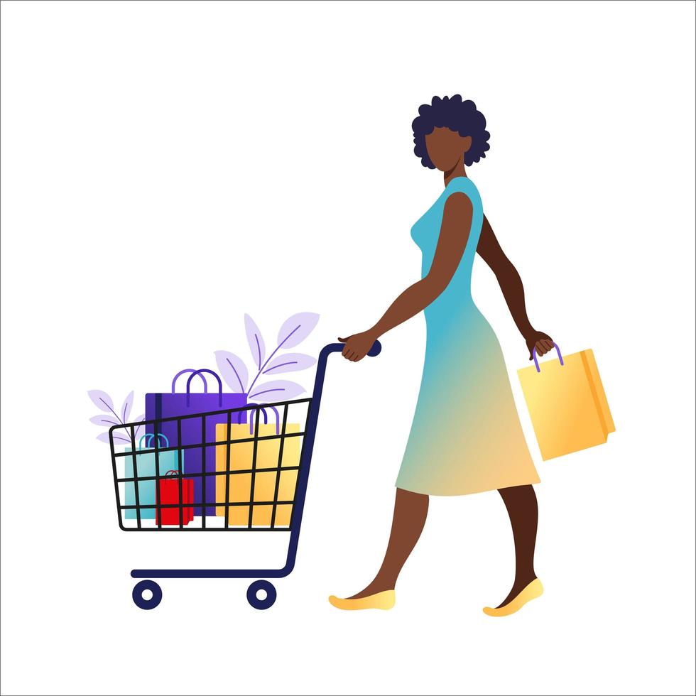 Young african woman with paper bags go to shopping. Concept of online and offline shopping, sale, discount. Vector illustration for web banner, infographics, mobile. Vector illustration in flat.