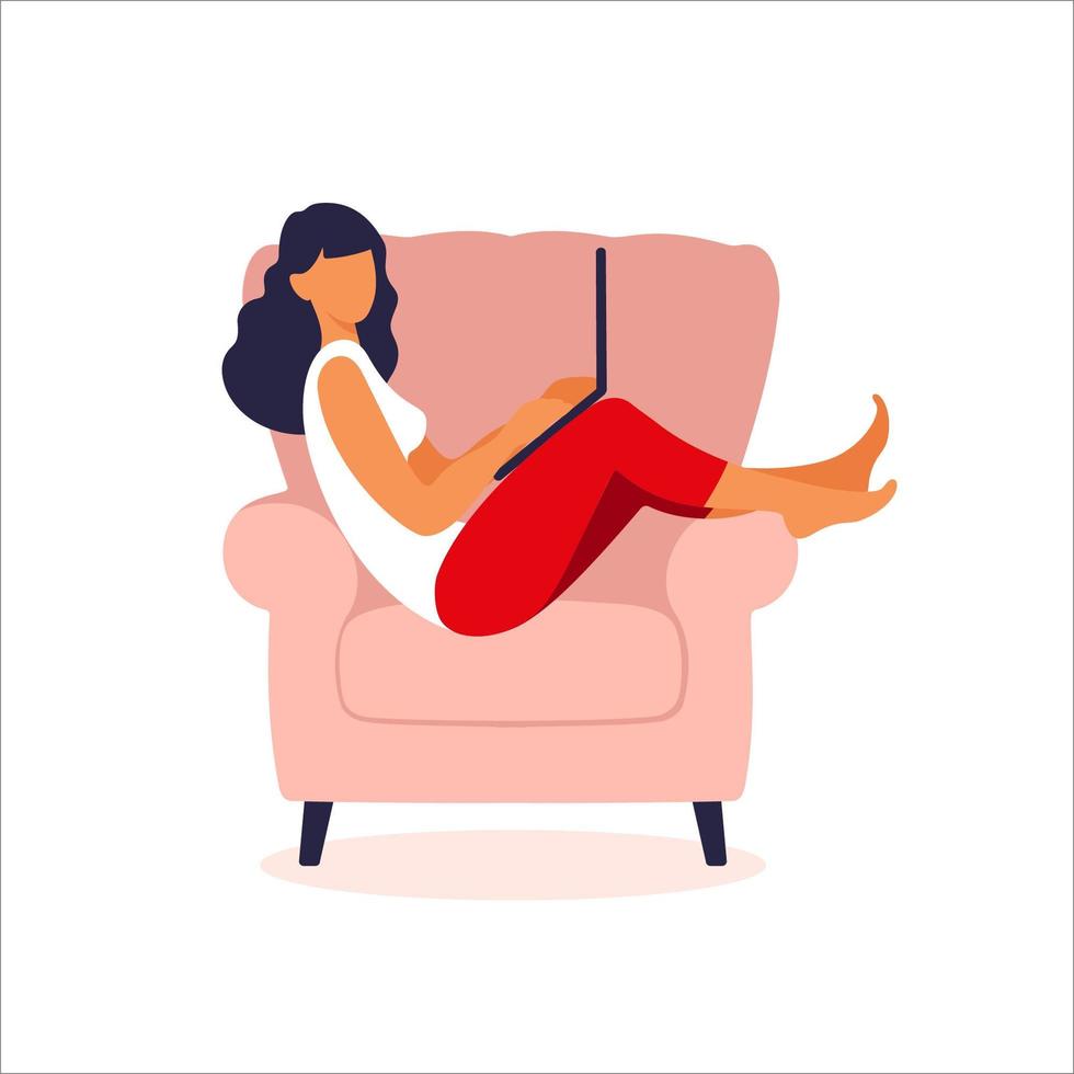 Young woman sitting on chair with laptop. Concept of online shopping or surfing the internet. Vector illustration in flat style.