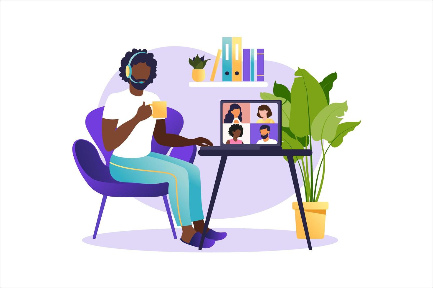 Online meeting via group call. People on computer screen speaking with colleague or friend. Illustrations concept video conference, online meeting or work from home. Vector illustration in flat style.