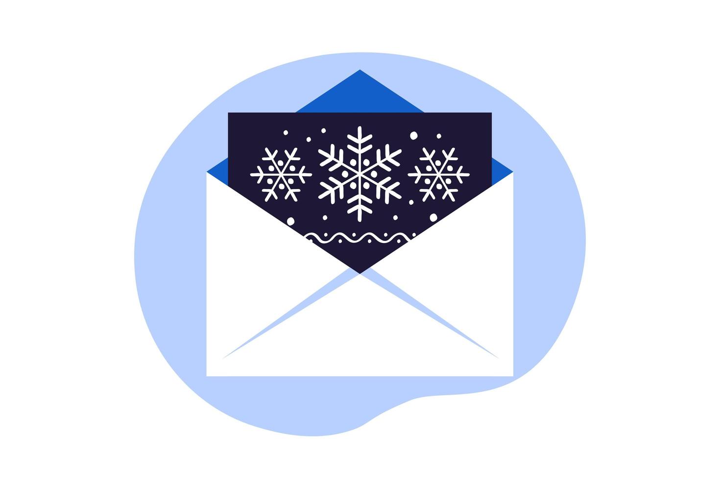 Xmas greeting card. Envelope email postcard letter with snowflake. Vector illustration. Flat