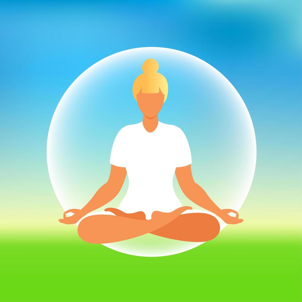 Woman meditating on nature background. Meditation concept. Woman sitting in lotus position practicing meditation. Vector illustration in flat style.