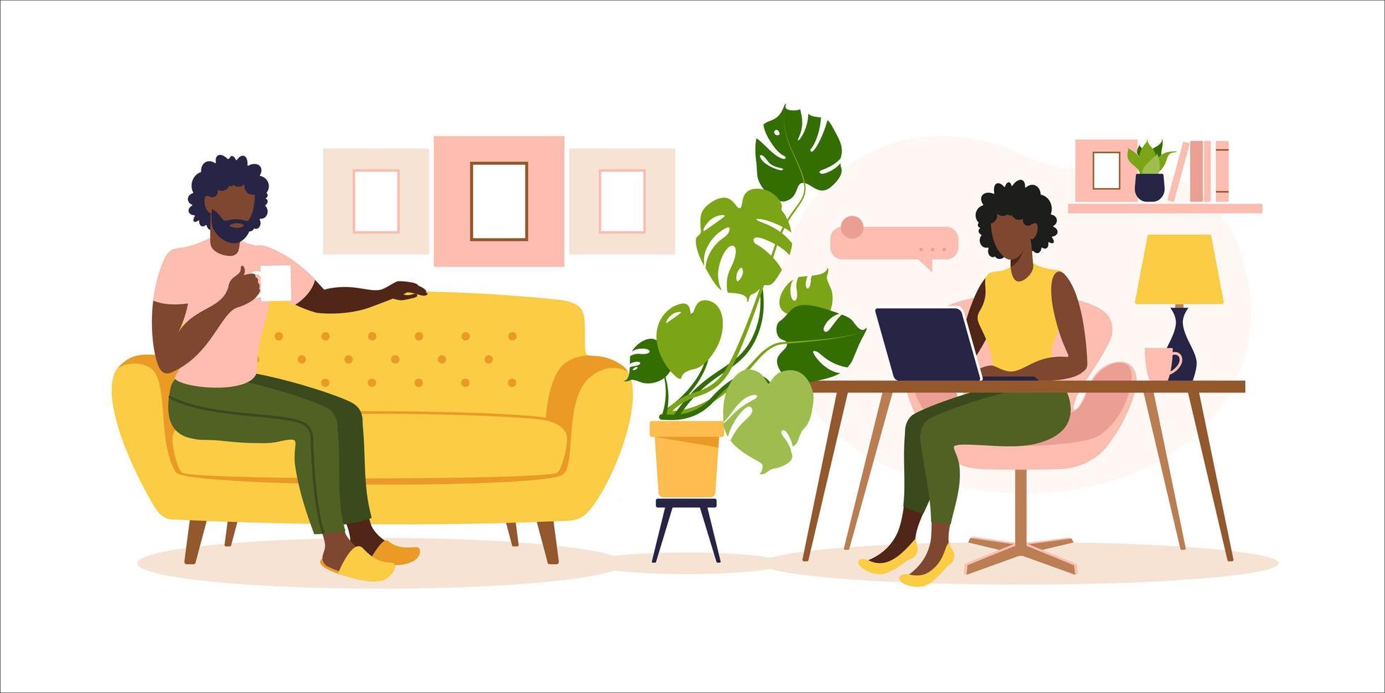 African couple working at home. Woman sitting at the table with laptop. Concept freelance, online education or work social media. Working from home, remote job. Flat style. Vector illustration.