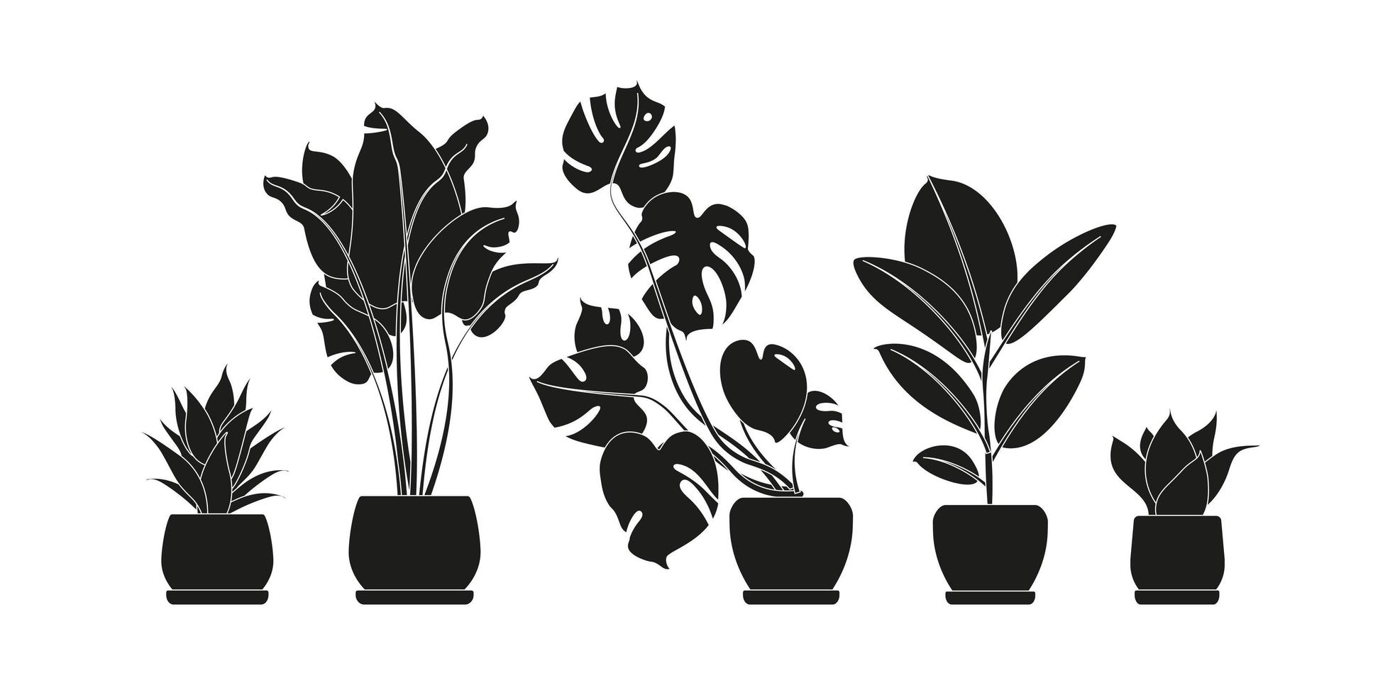colección de siluetas de plantas de interior en color negro. plantas en macetas aisladas en blanco. Establecer plantas tropicales verdes. Decoración moderna para el hogar con plantas de interior, jardineras, cactus, hojas tropicales. vector