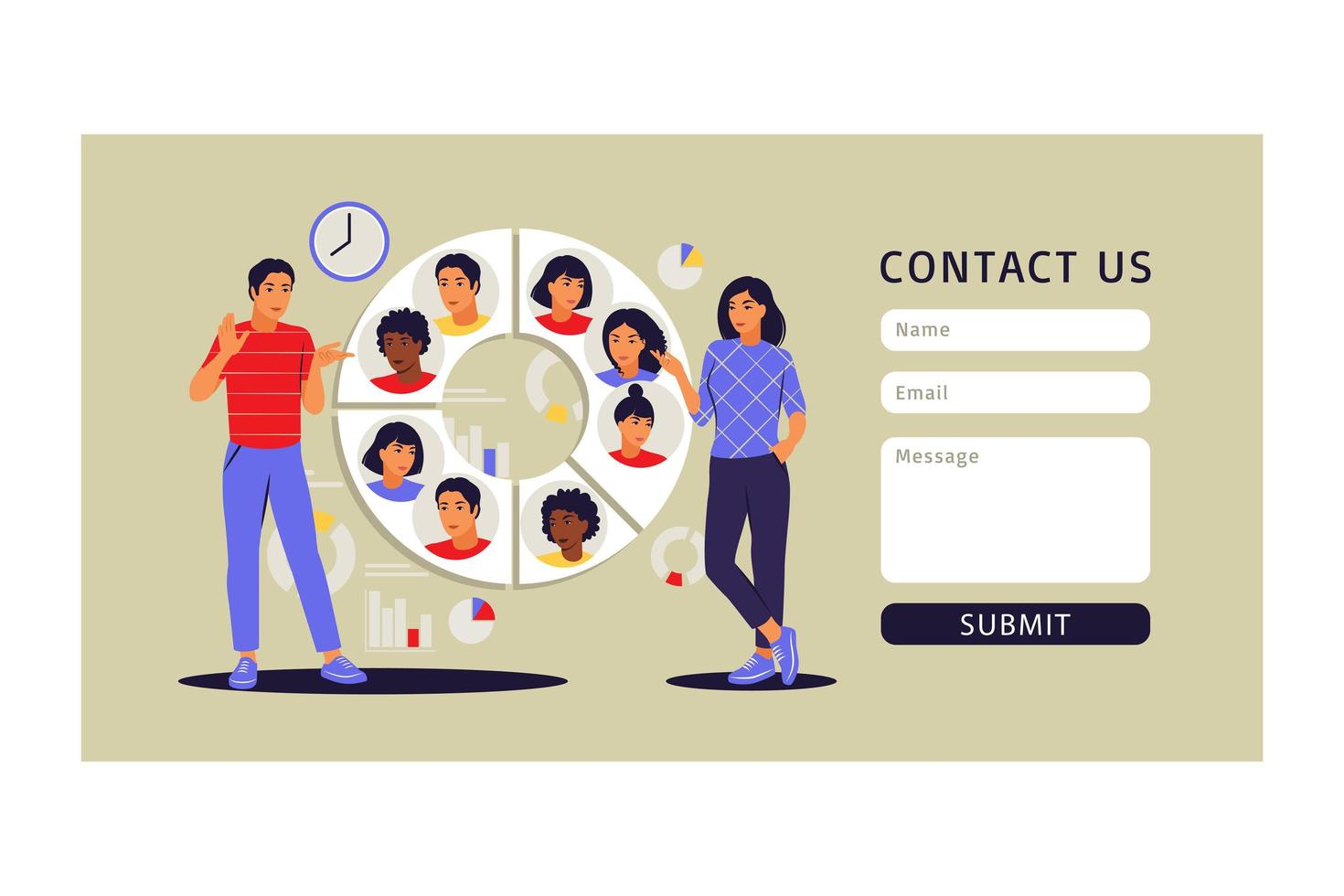 Audience segmentation concept. Contact us form. People near a large circular chart with images of people. Vector illustration. Flat.