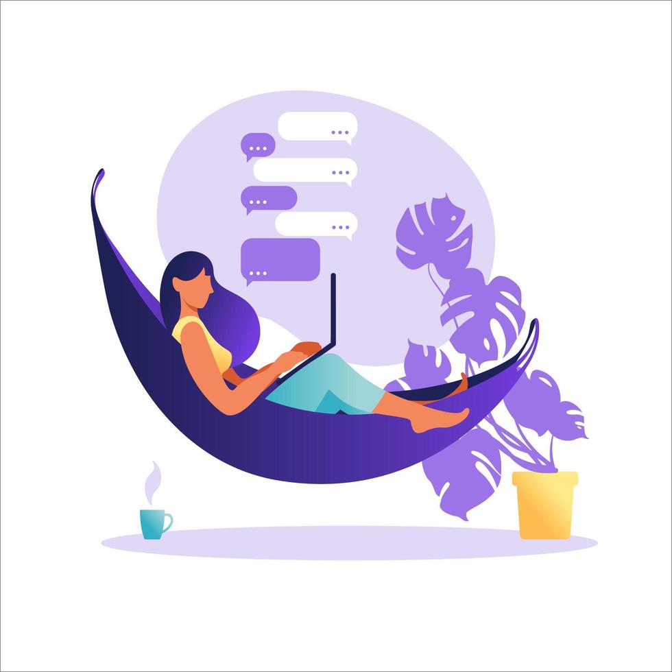 Woman sitting on hammock with laptop. Working on a computer. Freelance, online education or social media concept. Working from home, remote job. Flat style modern vector illustration.