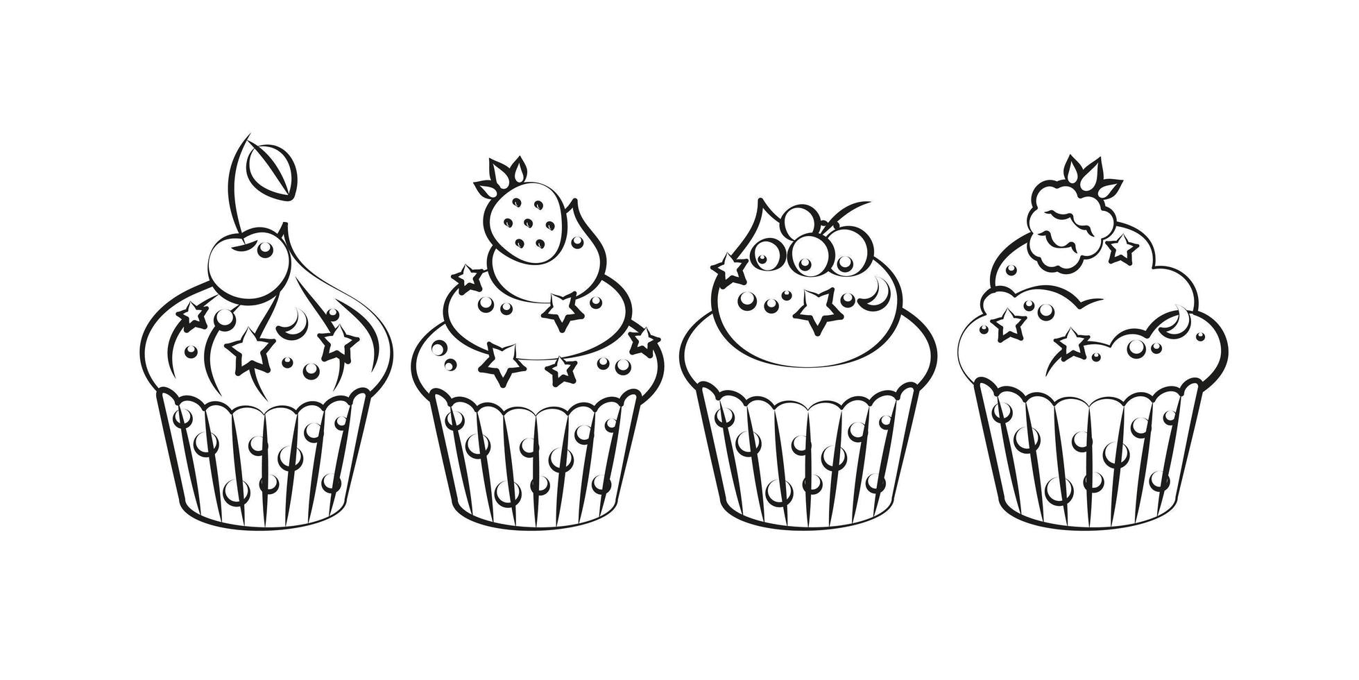 Icon cupcake outline with berries on a white background. Cupcake in flat style. Vector illustration.