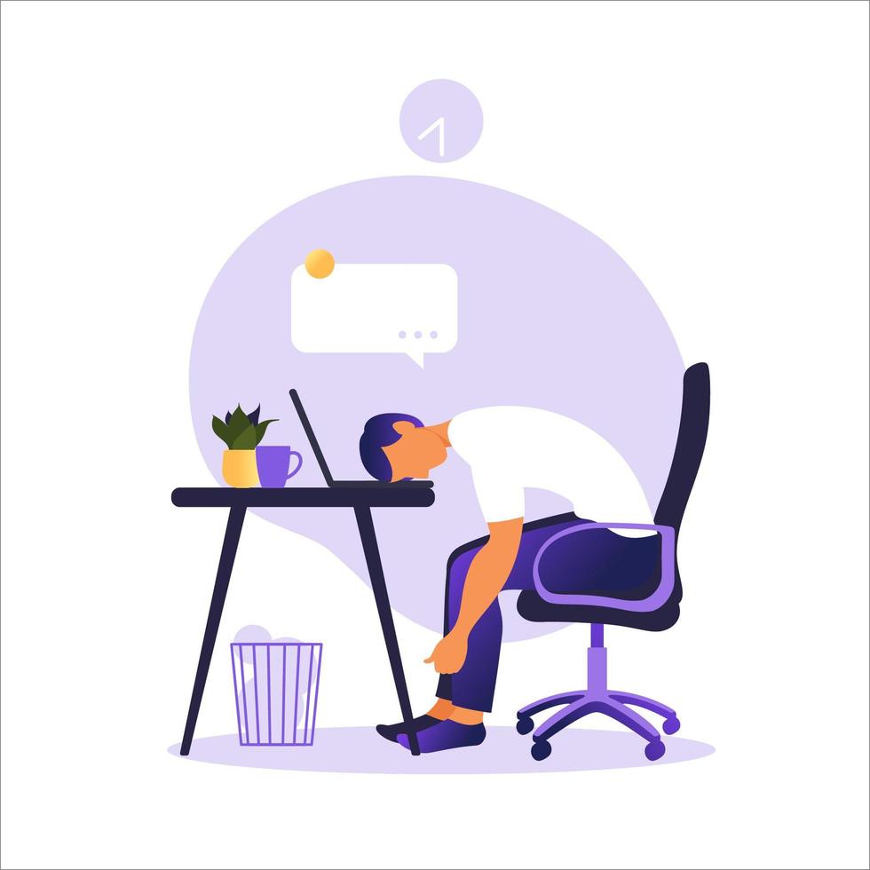 Professional burnout syndrome. Illustration tired office worker sitting at the table. Frustrated worker, mental health problems. Vector illustration in flat.