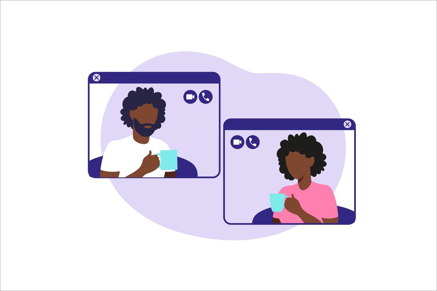 redes sociales, chat, aplicación de citas. ilustración vectorial para usuarios de aplicaciones de citas en línea. Ilustración plana hombre y mujer afroamericanos conocidos en la red social. vector