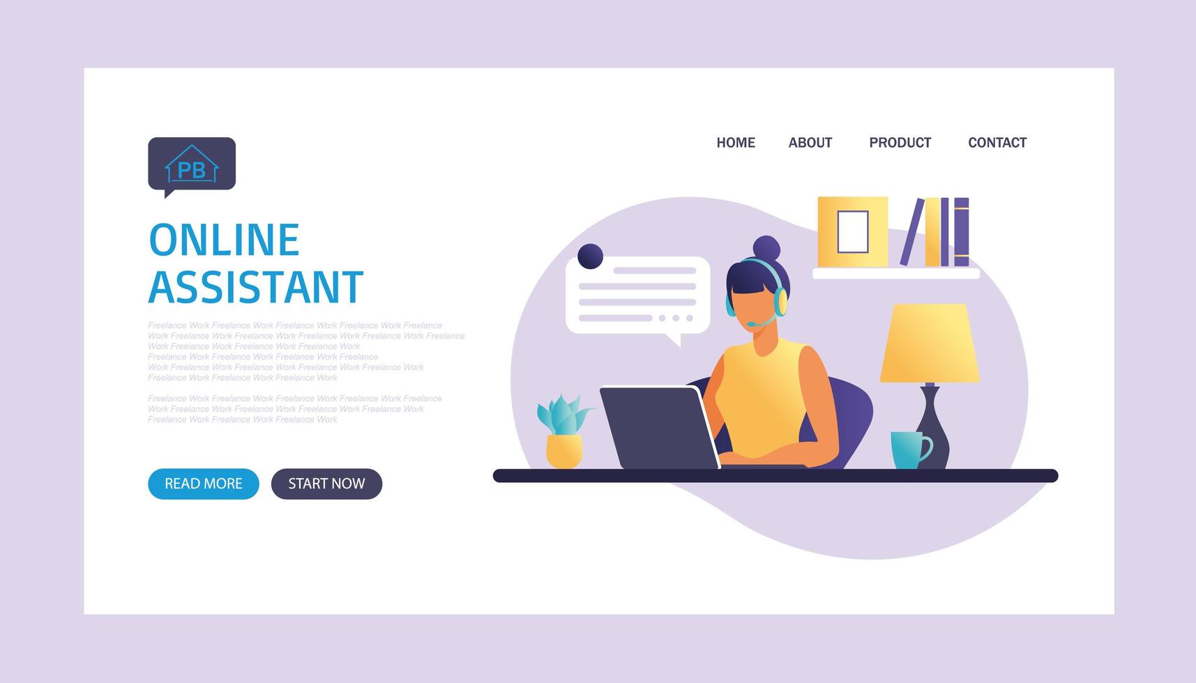 Online assistant landing page. Woman with headphones with computer. Concept illustration for support, assistance, call center. Technical support. Virtual help service. Vector illustration in flat.