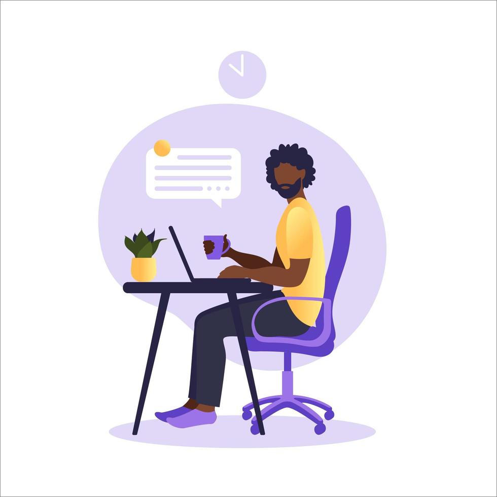 African american man sitting table with laptop. Working on a computer. Freelance, online education or social media concept. Freelance or studying concept. Flat style. Vector illustration.