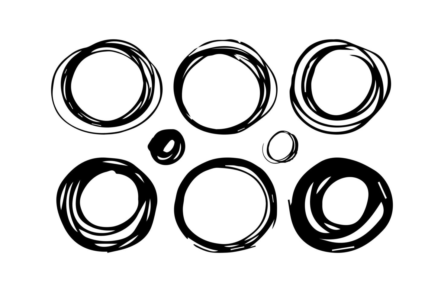 conjunto de círculos de garabatos negros dibujados a mano. círculo de tinta de mano. ilustración vectorial. plano vector