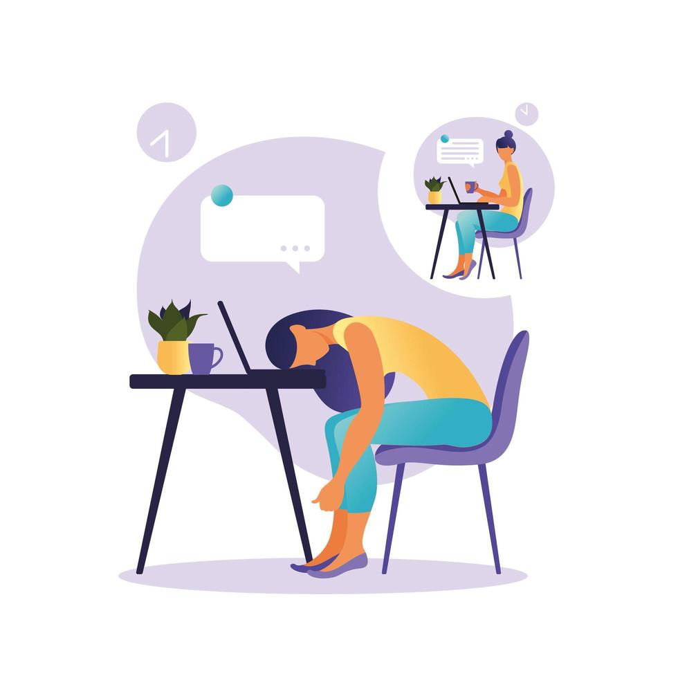 Professional burnout syndrome. Illustration with happy and tired female office worker sitting at the table. Frustrated worker, mental health problems. Vector illustration in flat style.