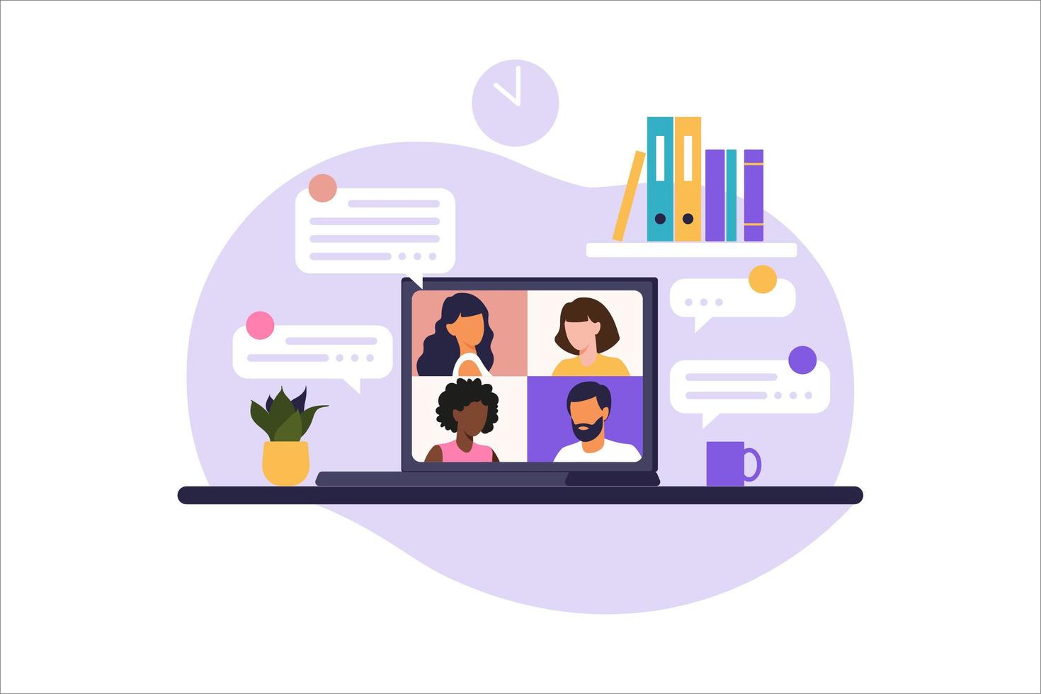 Online meeting via group call. People on computer screen speaking with colleague or friend. Illustrations concept video conference, online meeting or work from home. Vector illustration in flat.
