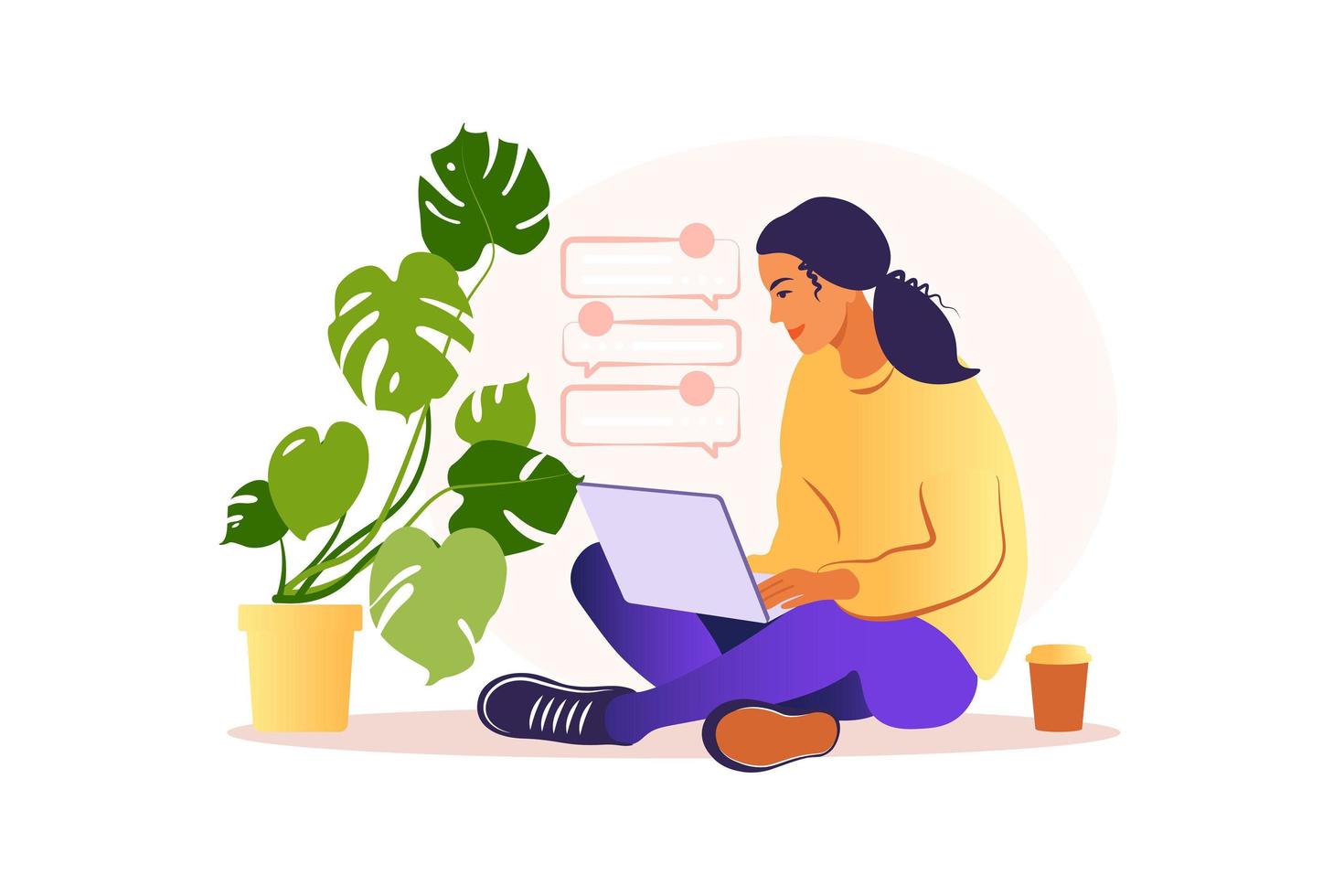 Woman sitting with laptop. Concept illustration for working, studying, education, work from home, healthy lifestyle. Can use for backgrounds, infographics, hero images. Flat. Vector illustration.